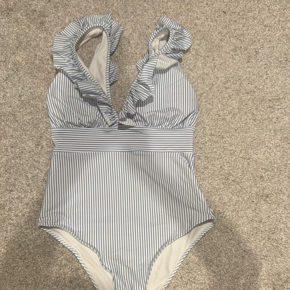 H&M Striped Ruffle One-Piece Swimsuit M
